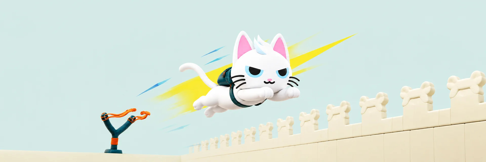 MEW flying over the bone fortress wall, launched from a slingshot